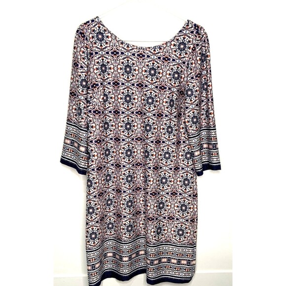 AB Studio Knit Shift Dress 3/4 Sleeve Pullover Print White Blue Pink Size Large - Picture 1 of 5